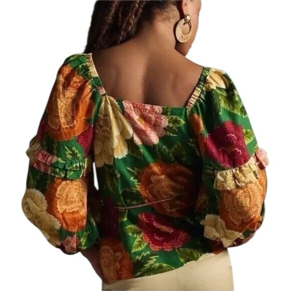 Farm Rio x Anthropologie Puff Sleeve Wrap Top Belted Tropical Colorful Large New - Picture 4 of 16